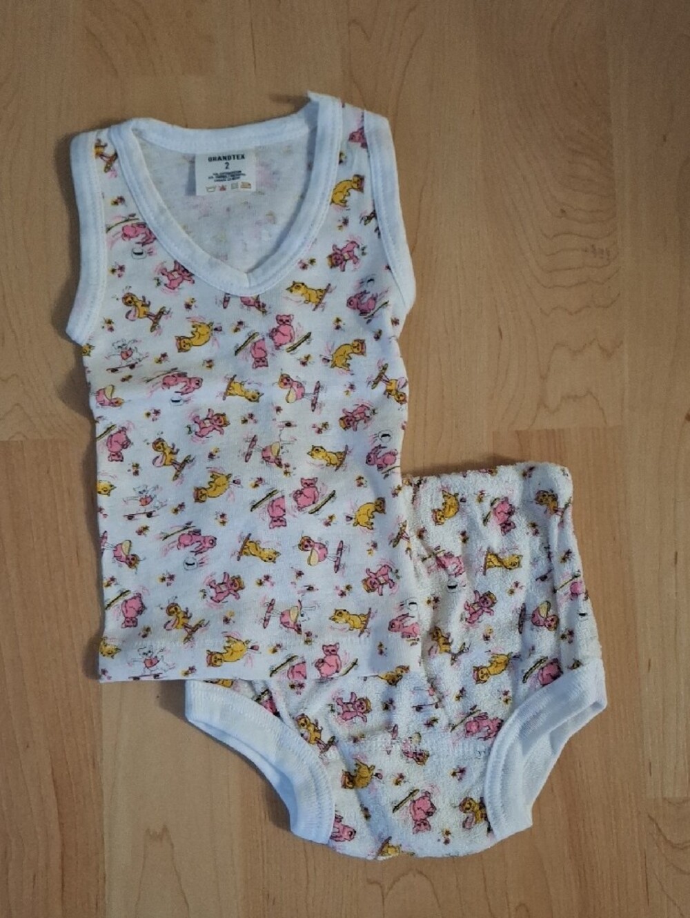 Vintage Grandtex White Tank & Briefs Set with Pink and Yellow Animal Print